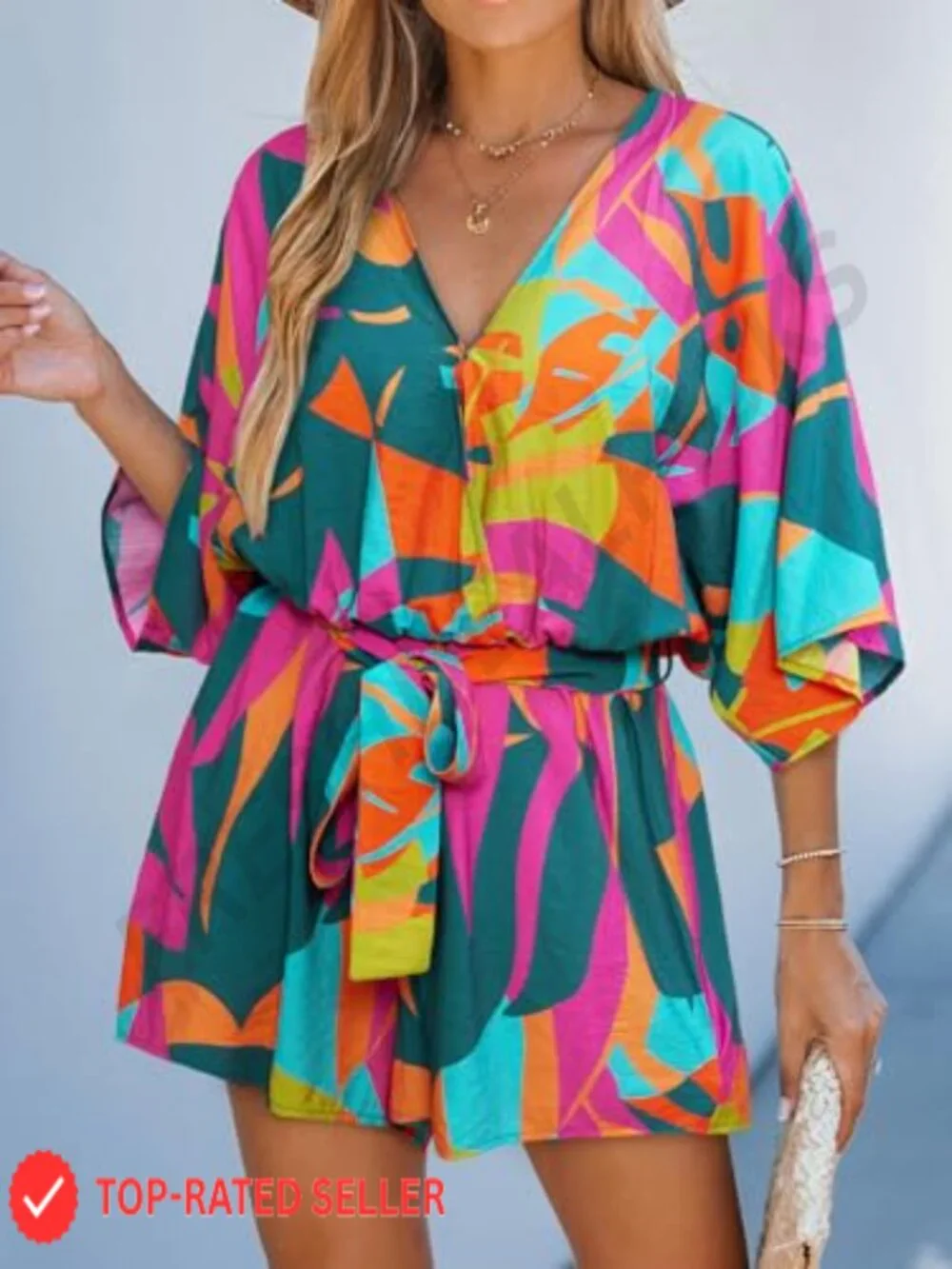 Women's Tropical Mini Romper V-Neck Batwing Sleeve Wide Leg Belted